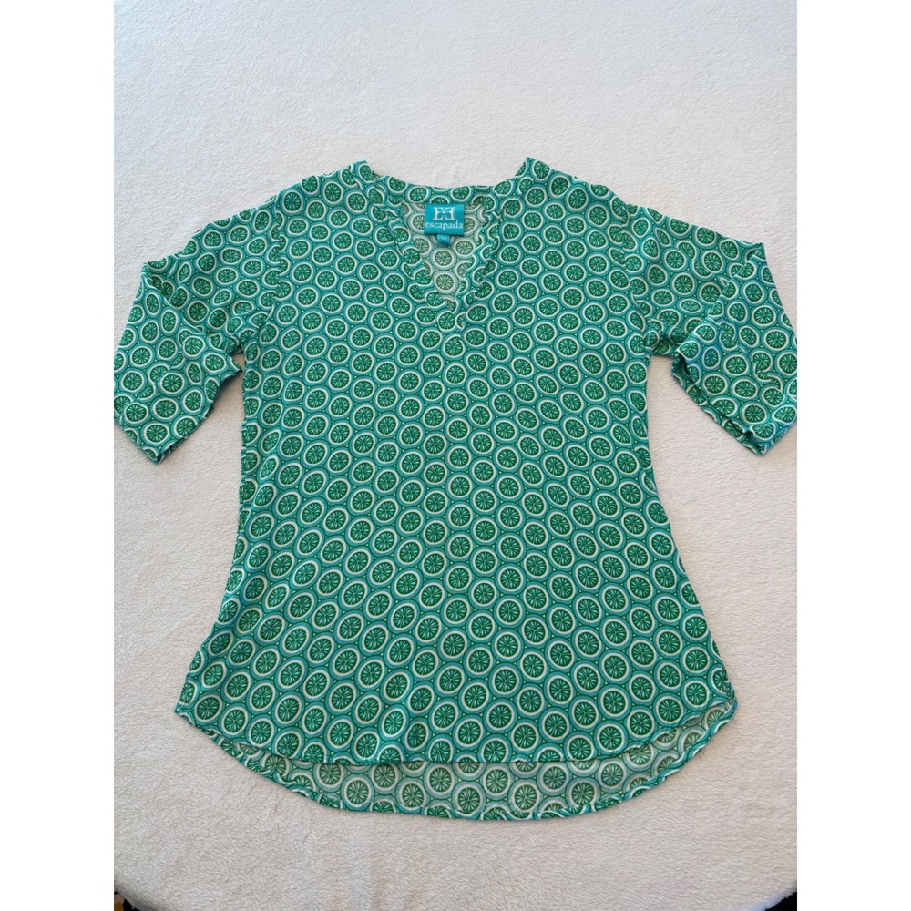 Escapada Green White Citrus Print Rayon Tunic Top Split V-Neck Size M